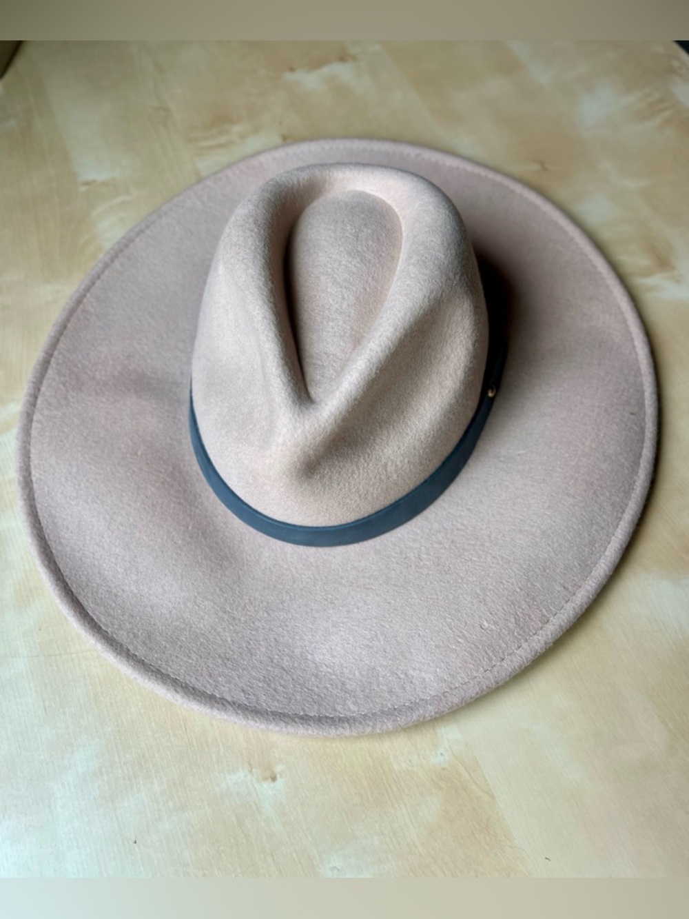 Wide Brim 100% Wool Felt Fedora in Beige with Gray Band Boho Western Minimalist